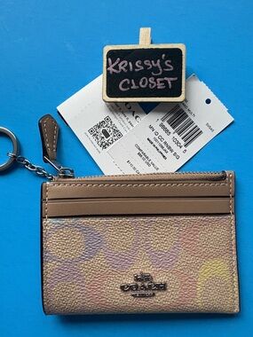 NWT Coach Rainbow Multicolor Signature Slim ID Card Case with Tan Trim Key Ring